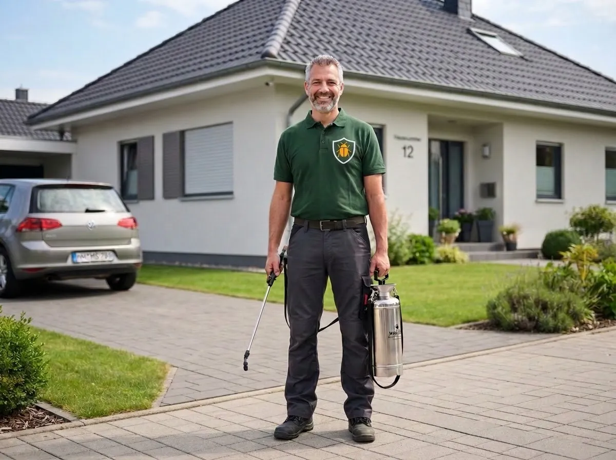Kammerjäger Markus im Firmen-Poloshirt mit Sprühgerät vor einem Einfamilienhaus