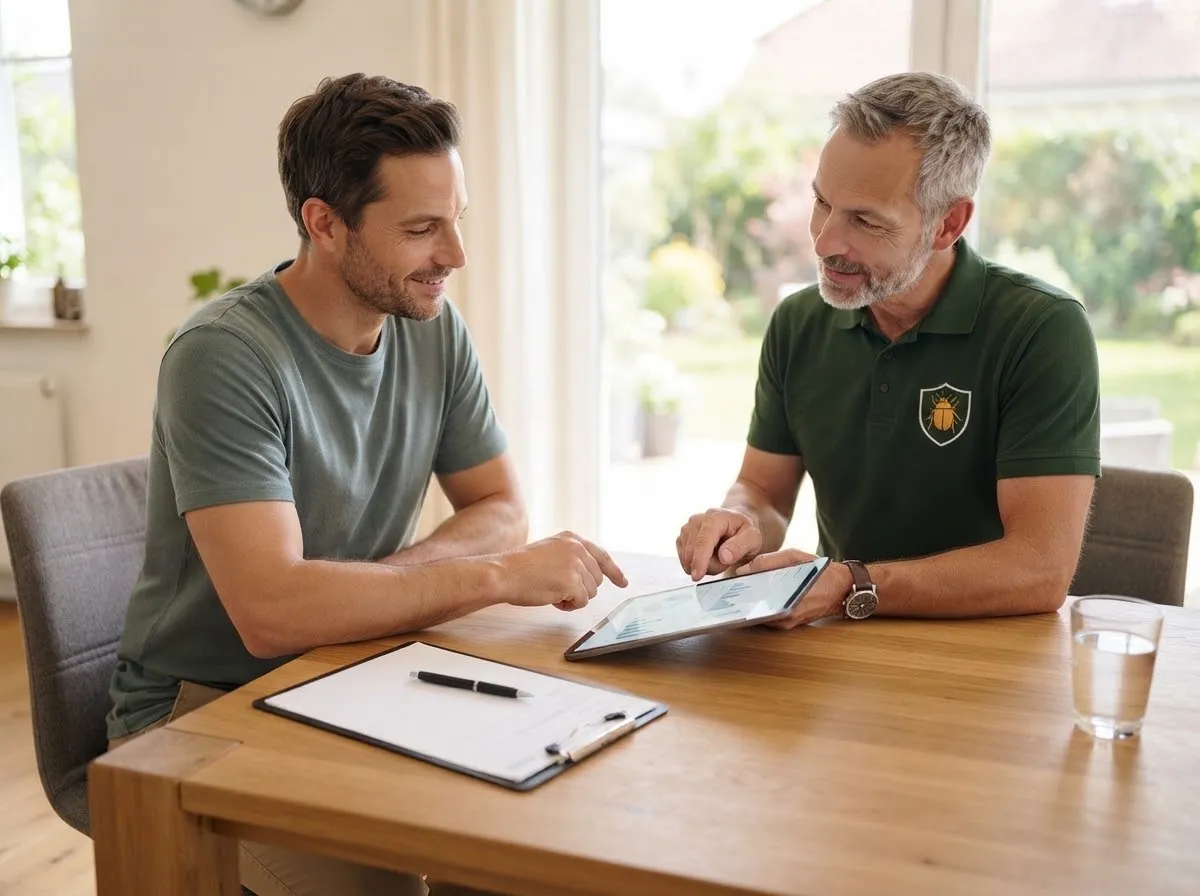 Kammerjäger erklärt einem Kunden am Esstisch das Festpreis-Angebot auf dem Tablet