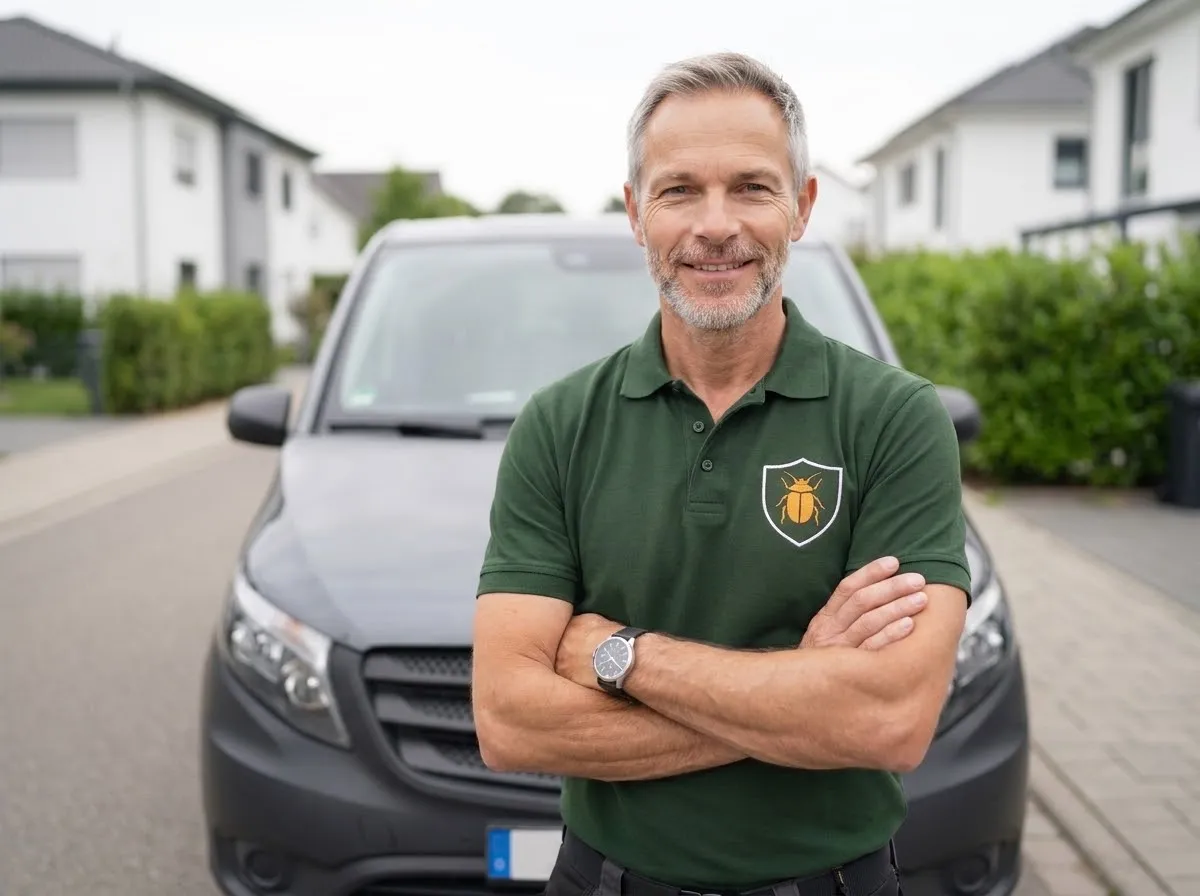 Kammerjäger im Firmen-Poloshirt vor dem neutralen Einsatzfahrzeug